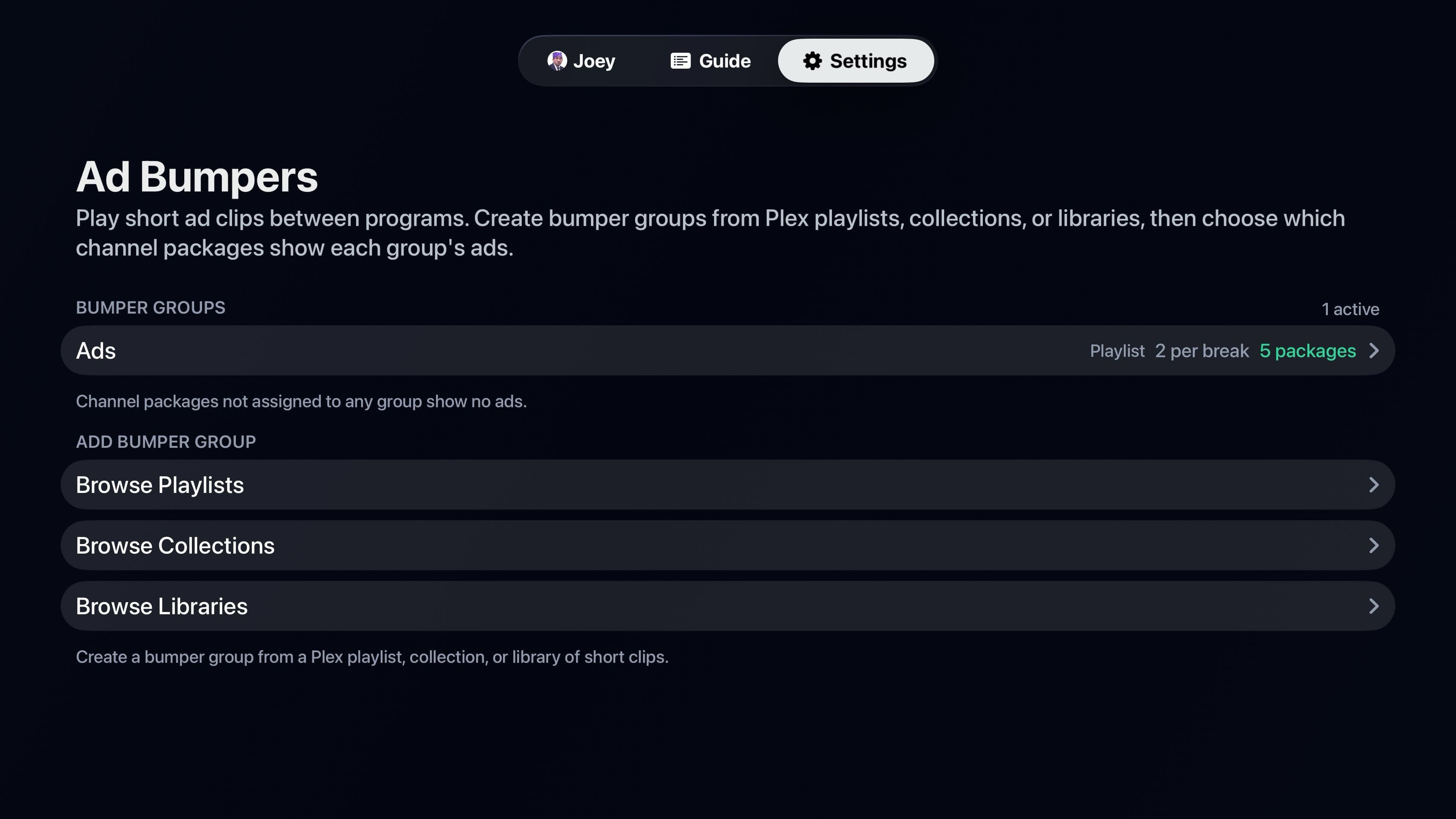 Ad Bumpers settings with an active bumper group on Apple TV