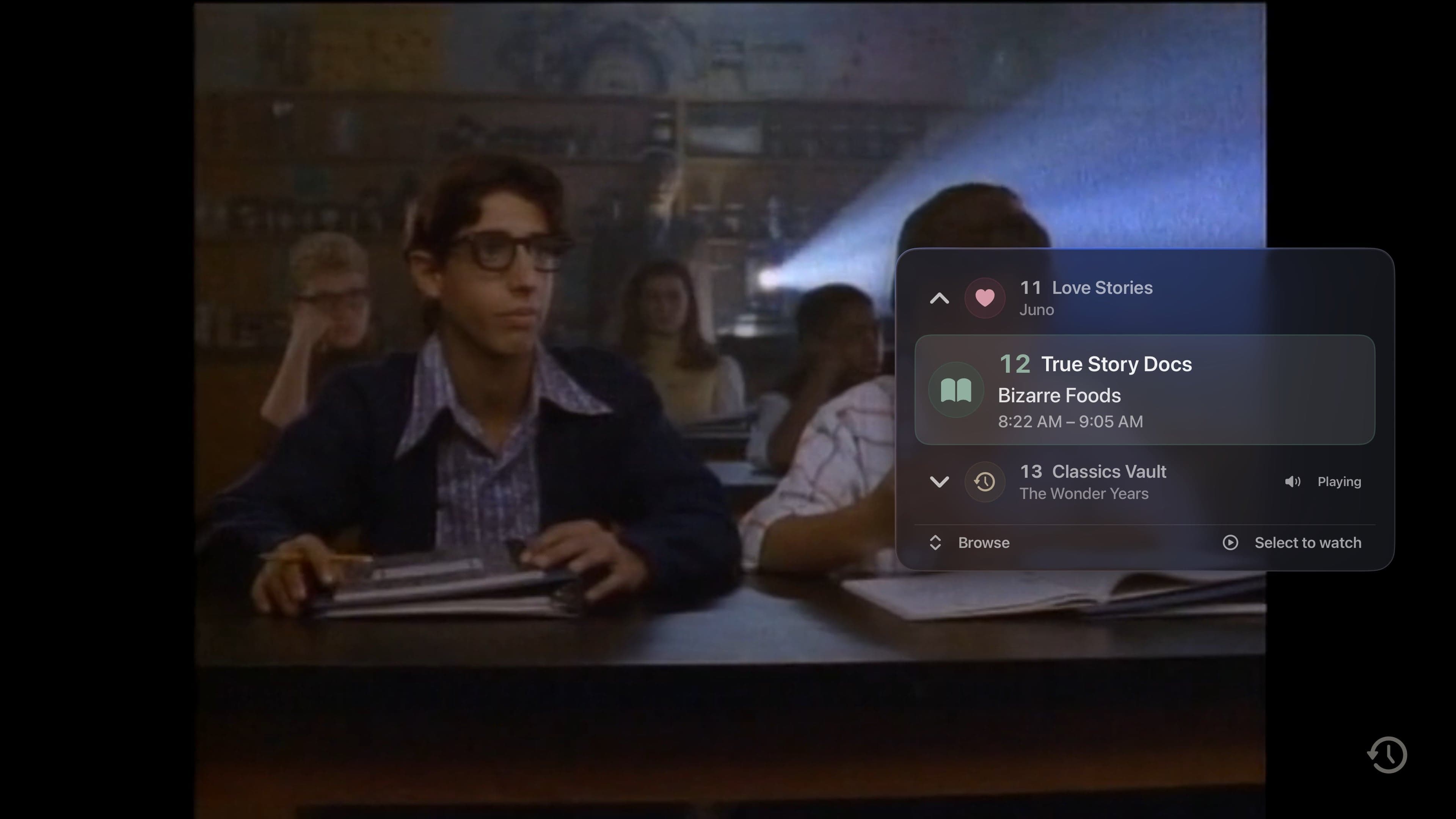 Channel Surfer mini guide open over full-screen playback on Apple TV