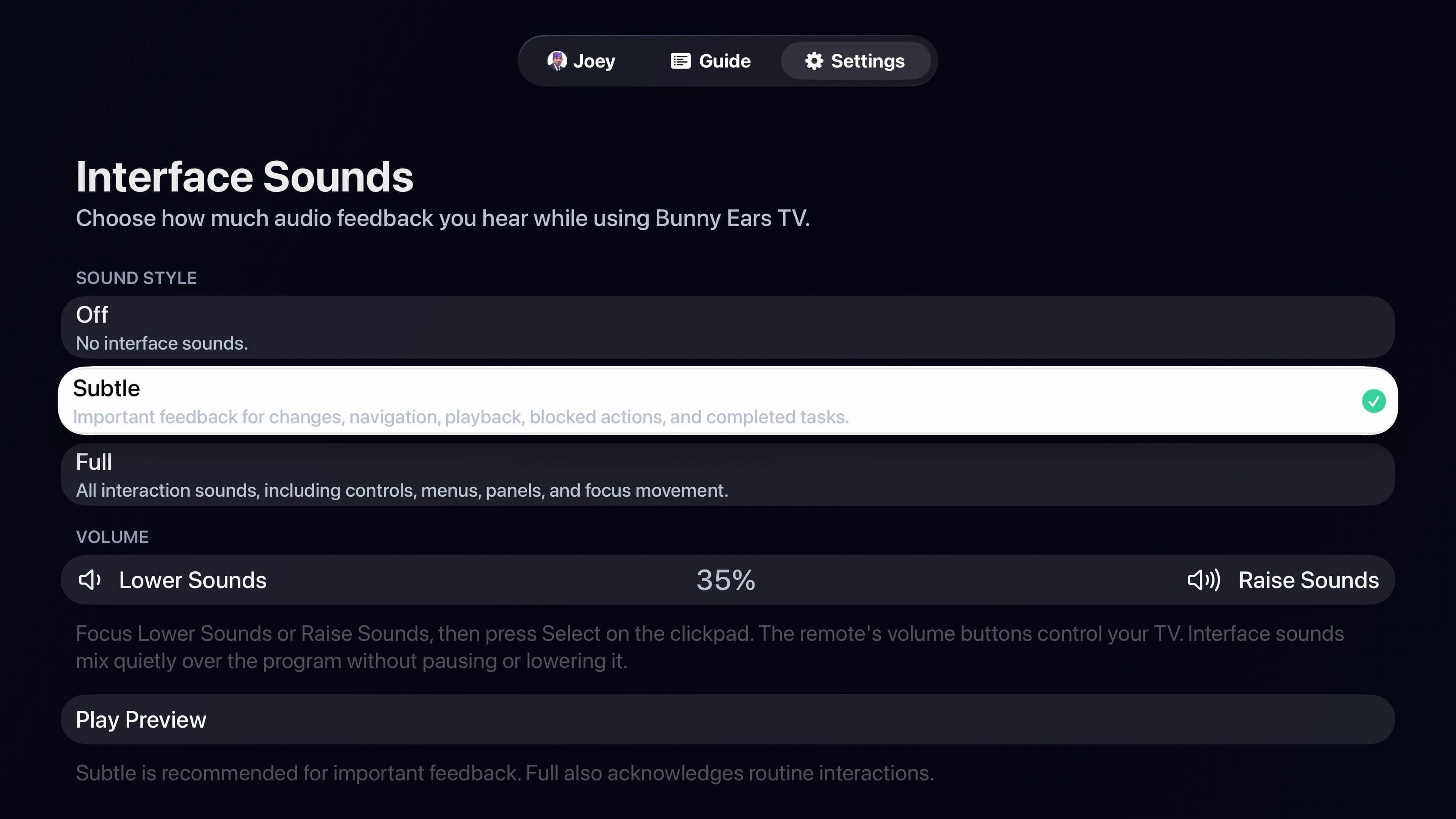 Interface Sounds settings with Off, Subtle, and Full choices on Apple TV