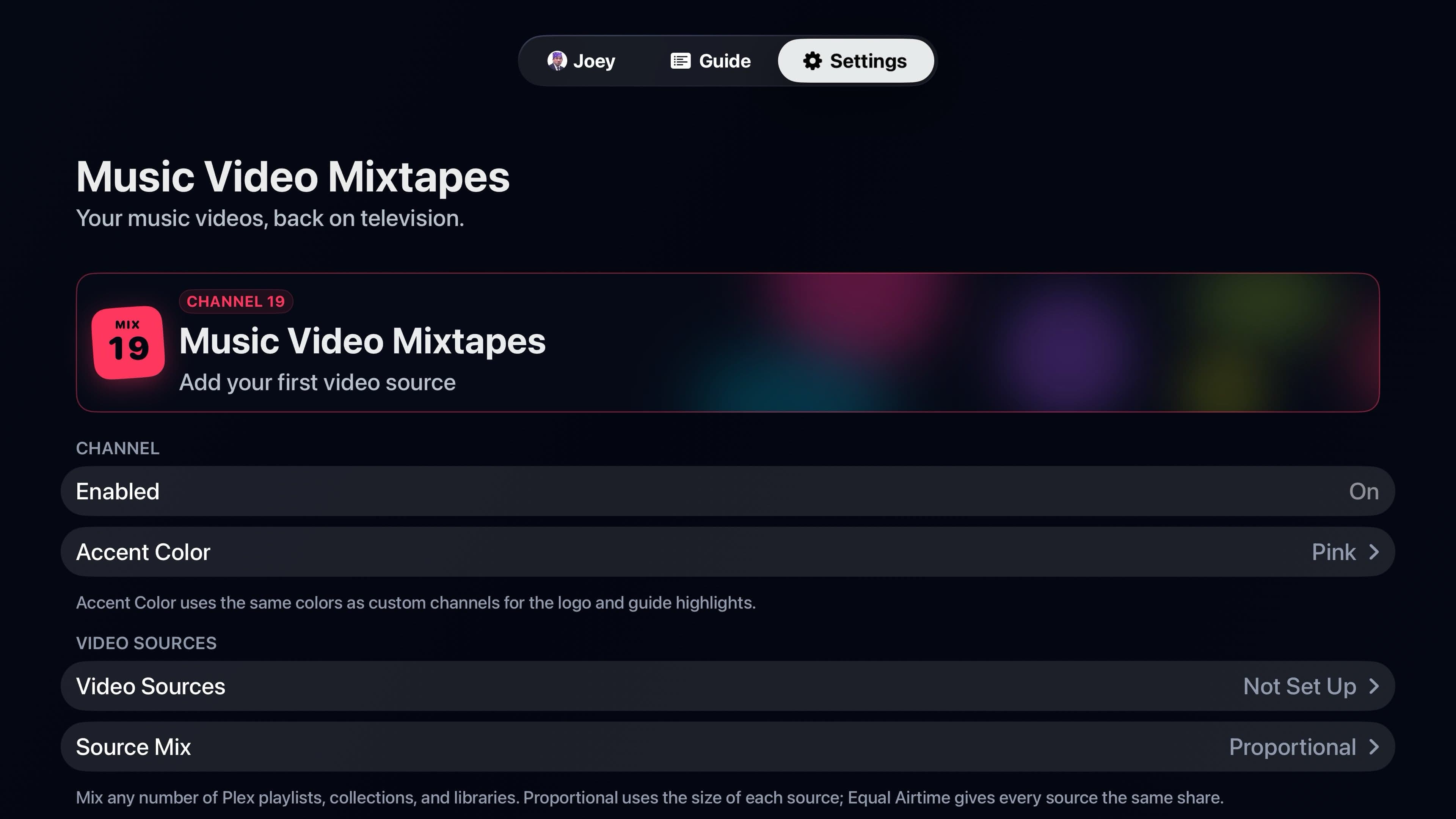 Music Video Mixtapes source and mix settings on Apple TV
