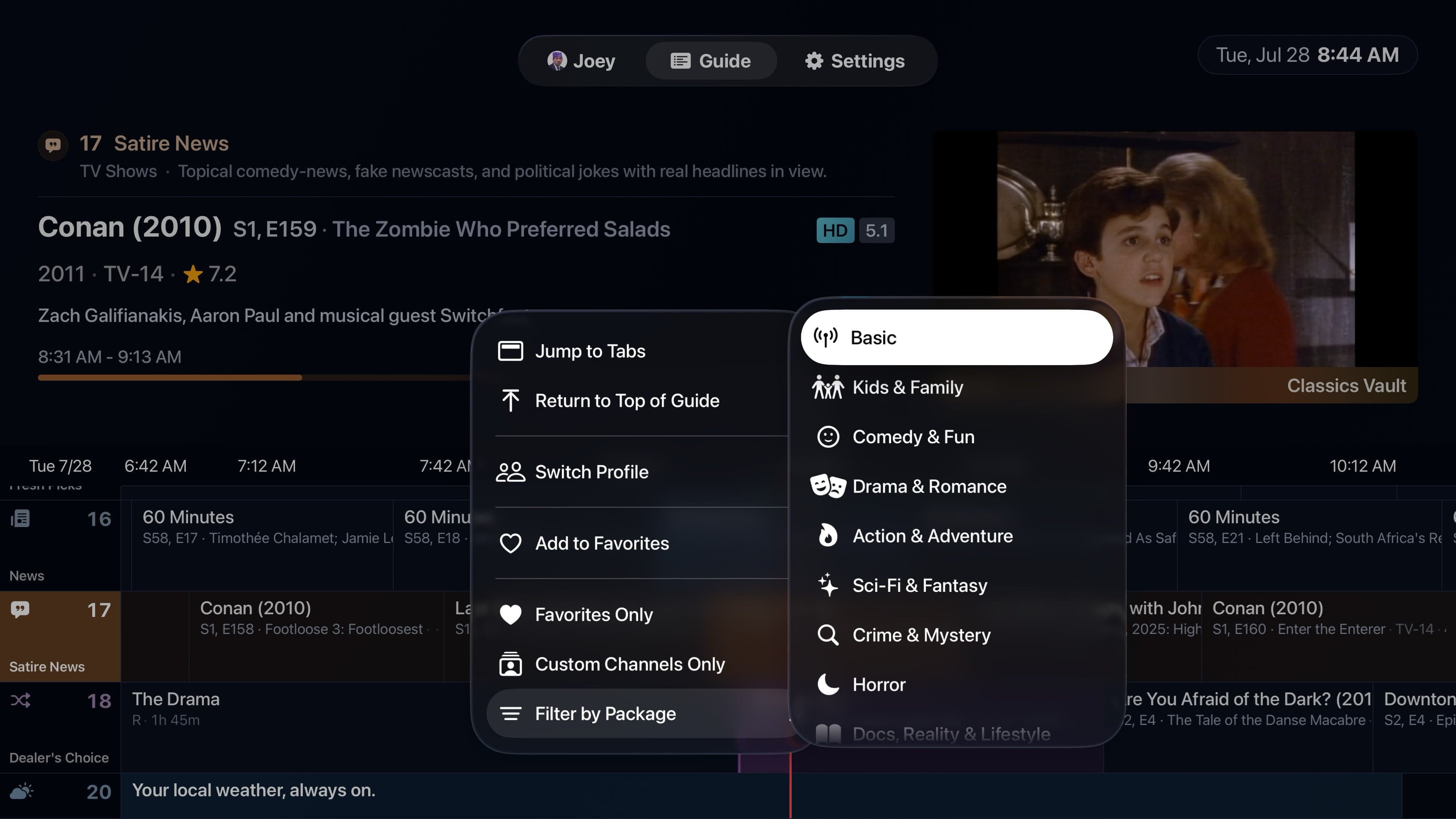 Channel package filter open from the Quick Menu on Apple TV
