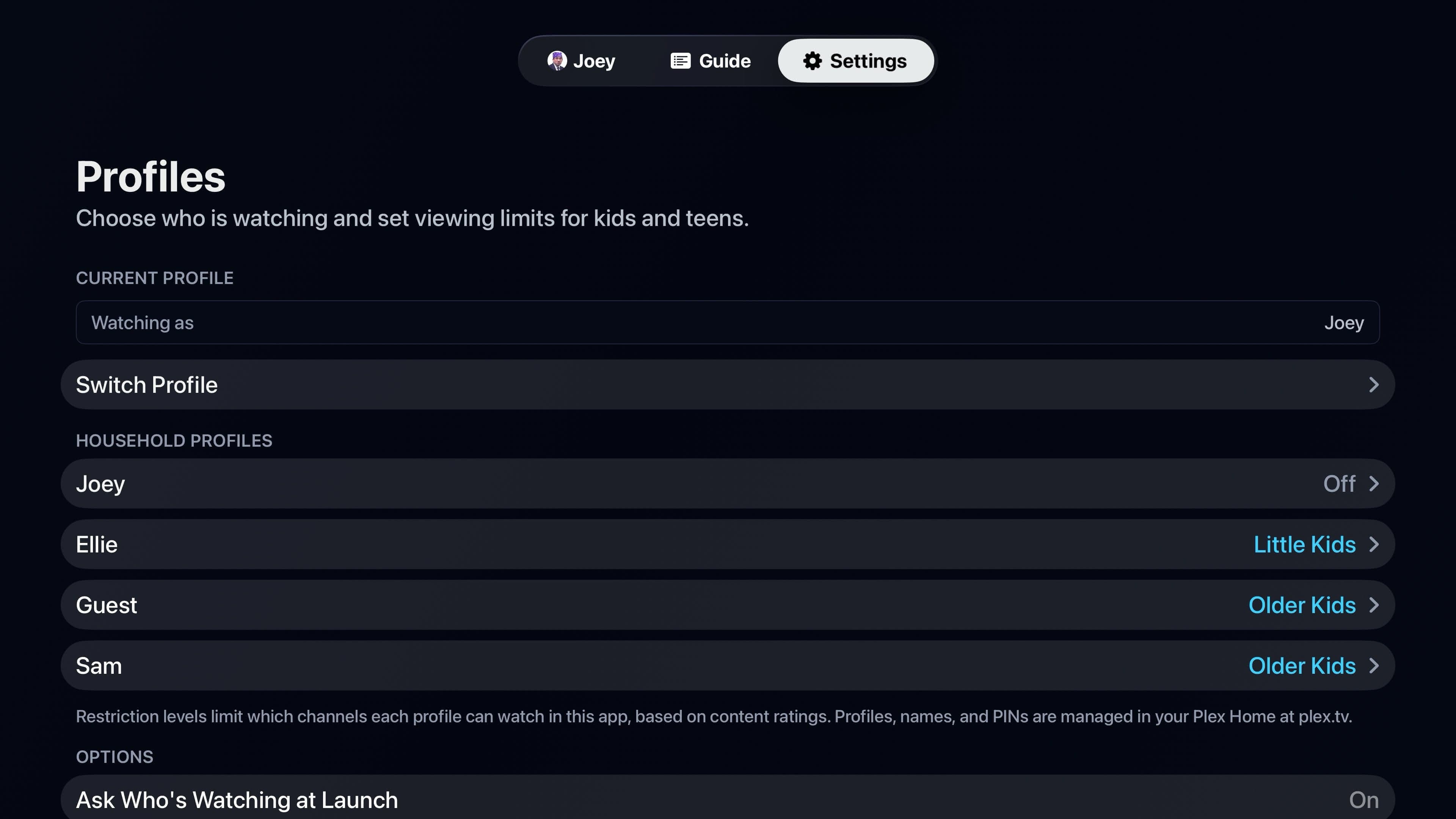 Profile settings showing viewing limits for kids on Apple TV