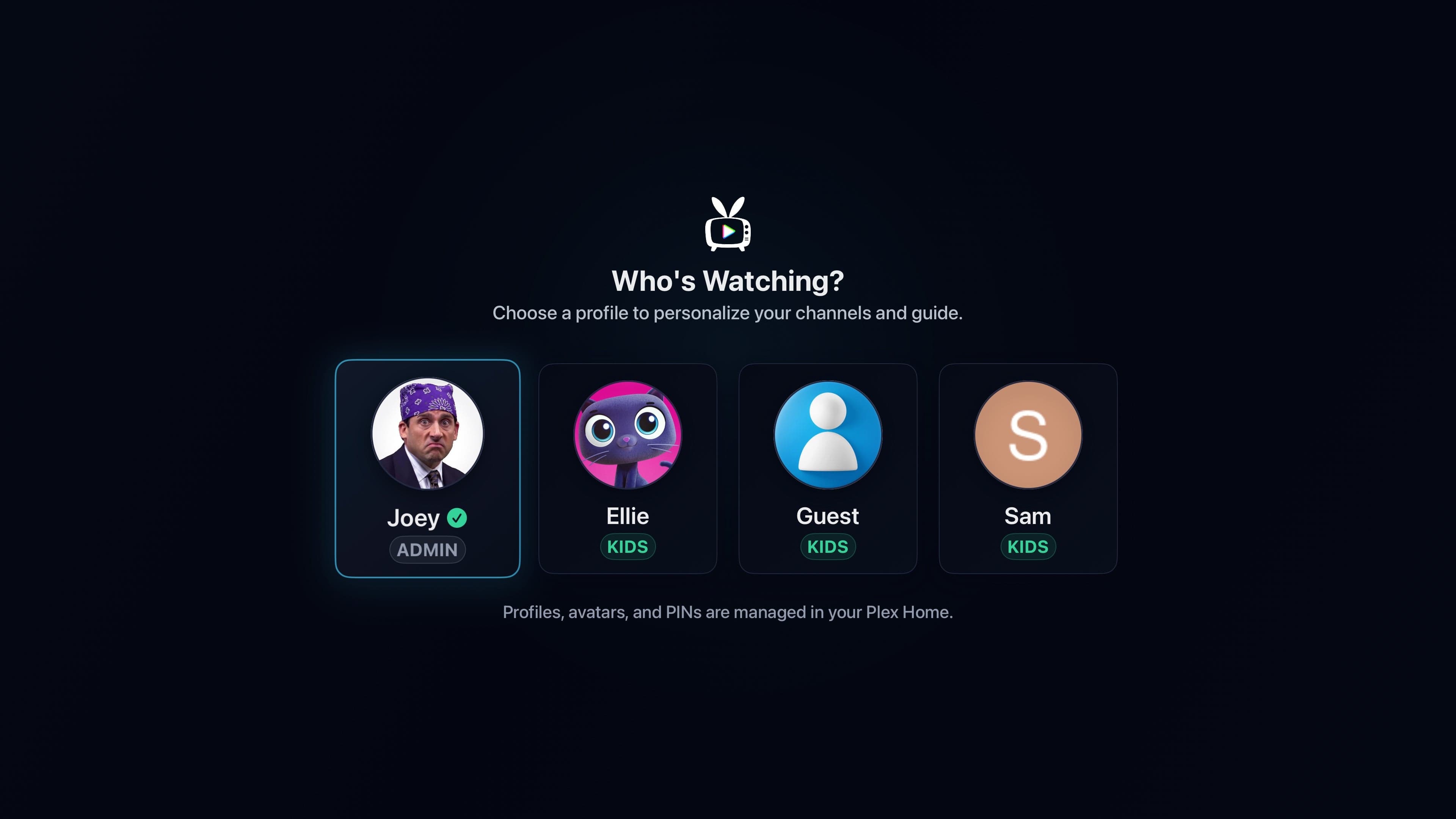 Plex Home profile picker in Bunny Ears TV on Apple TV