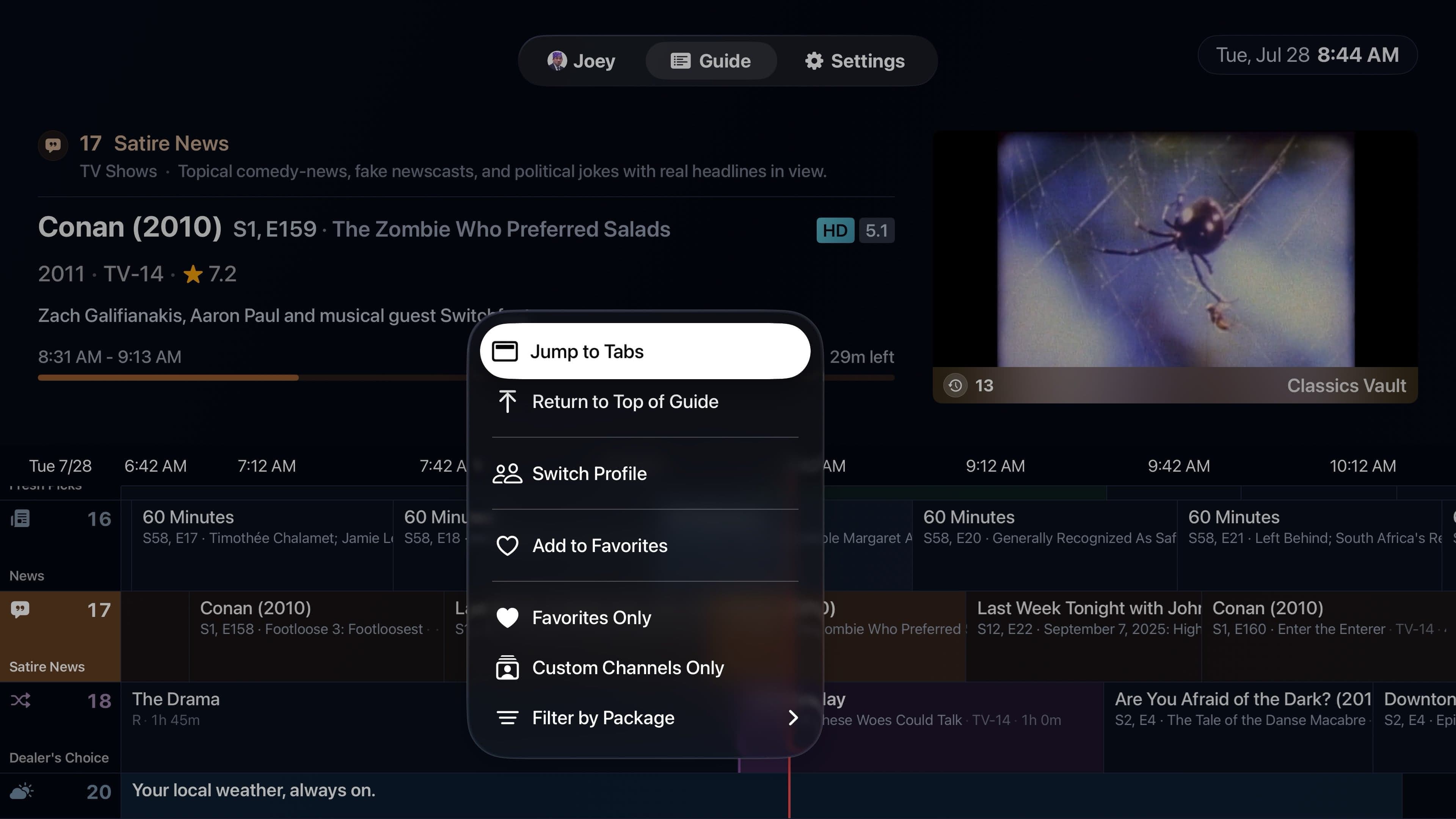 Quick Menu open over the Bunny Ears TV program guide on Apple TV