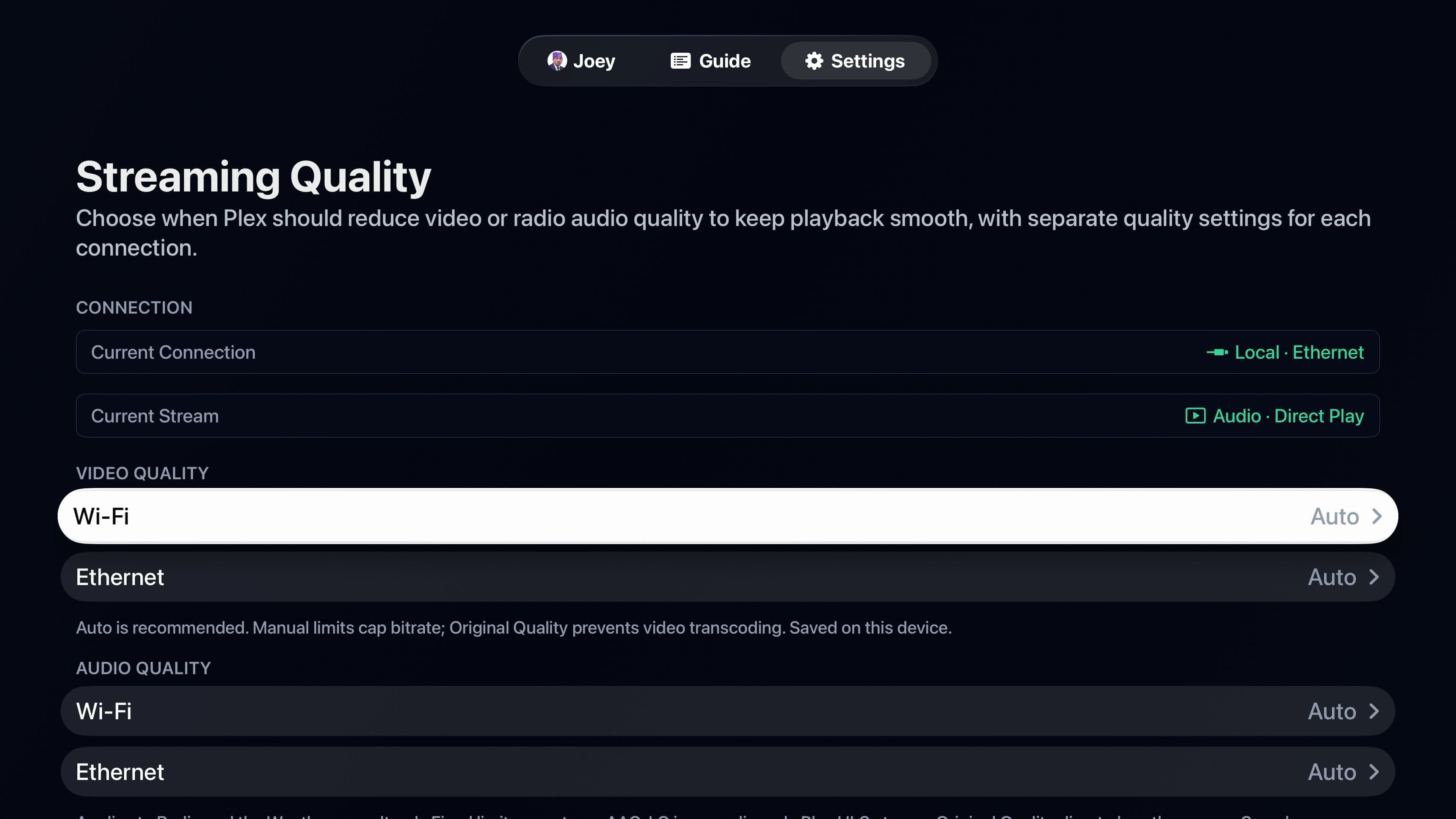 Separate Wi-Fi and Ethernet streaming quality settings on Apple TV