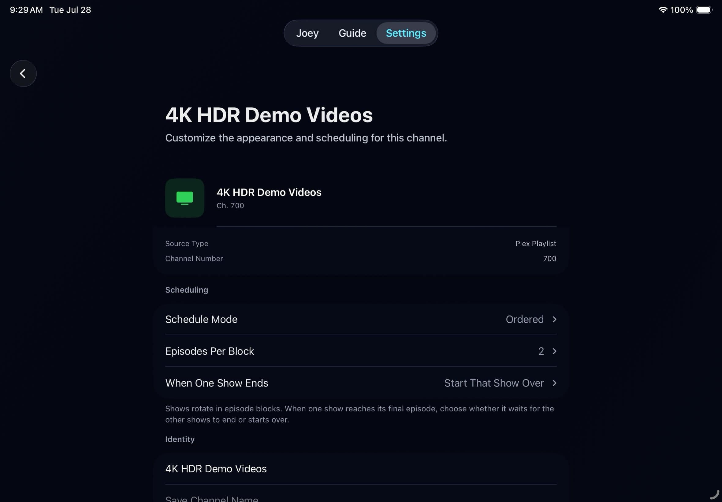 Custom Channel editor for a Plex playlist on iPad