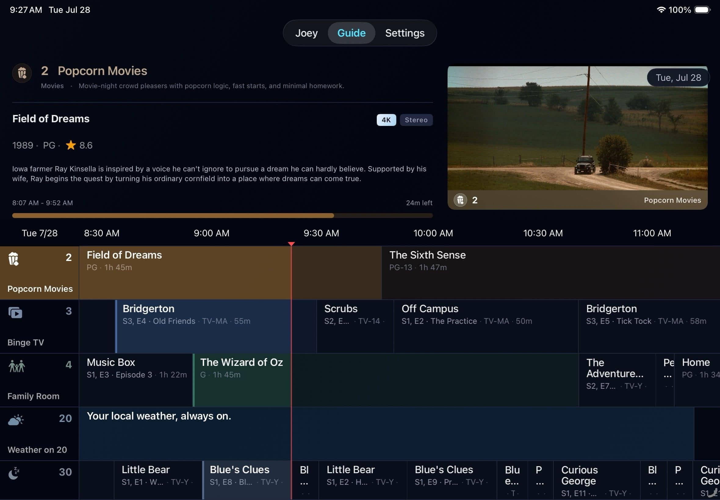 Bunny Ears TV program guide in landscape on iPad