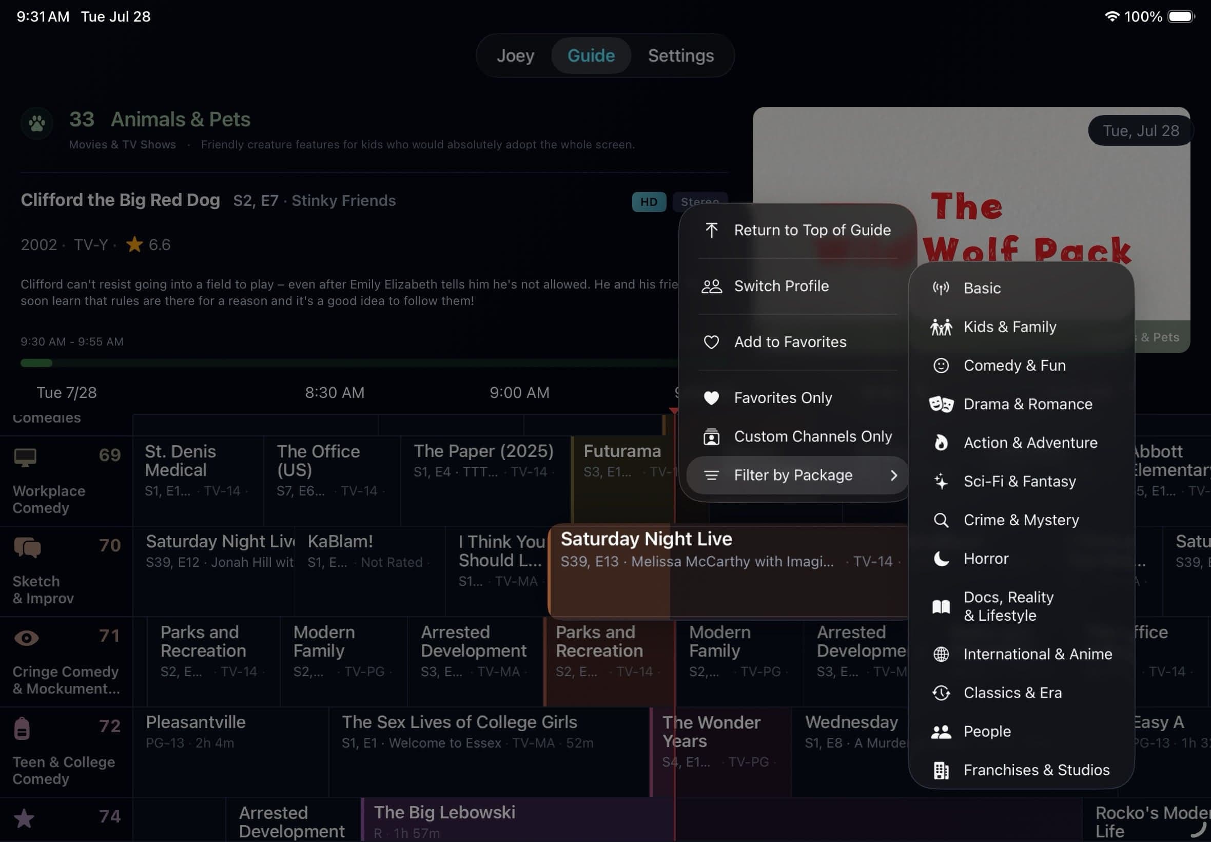 Quick Menu and channel package filter open over the program guide on iPad