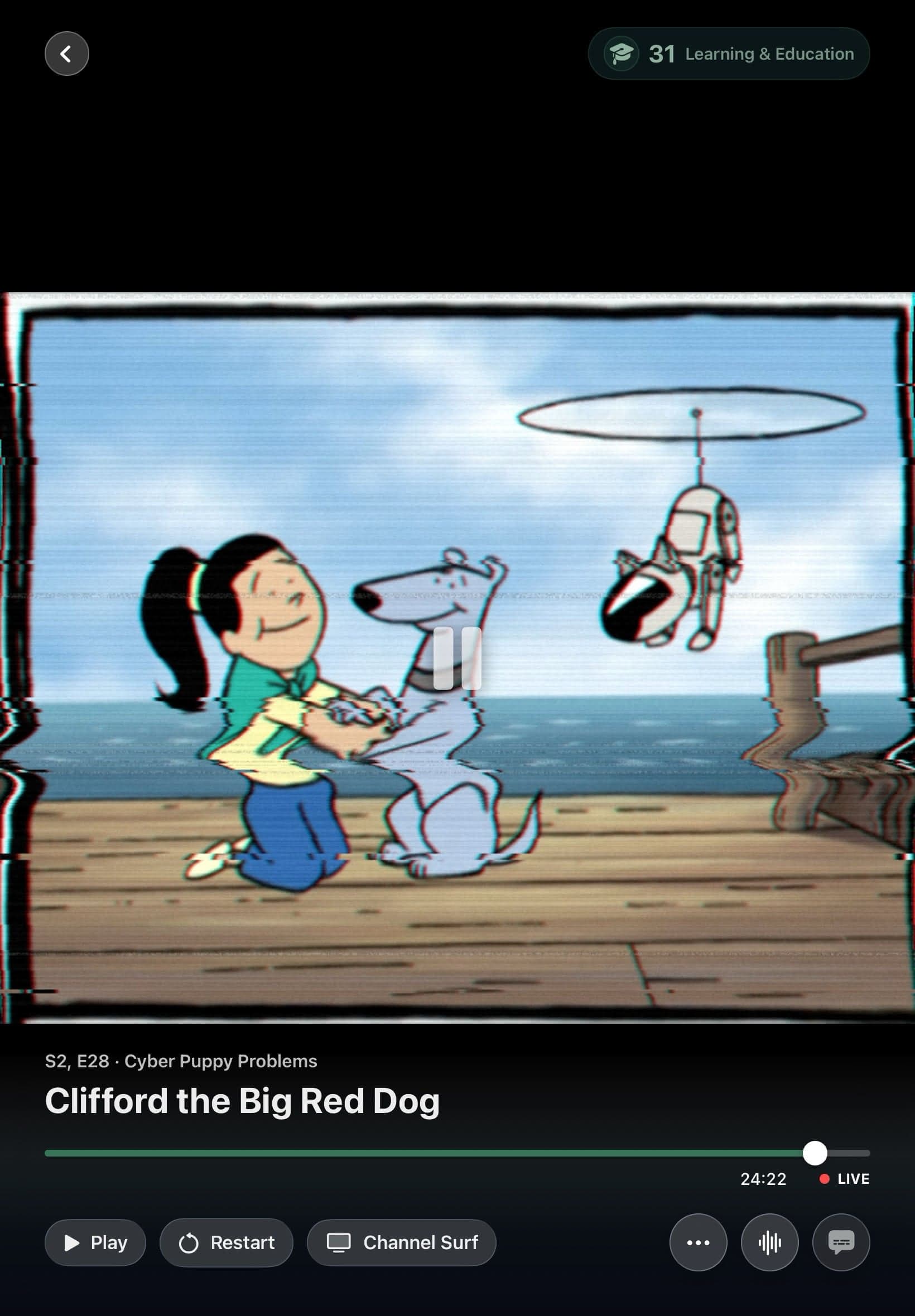 VHS-style visual treatment over a paused Bunny Ears TV program on iPad