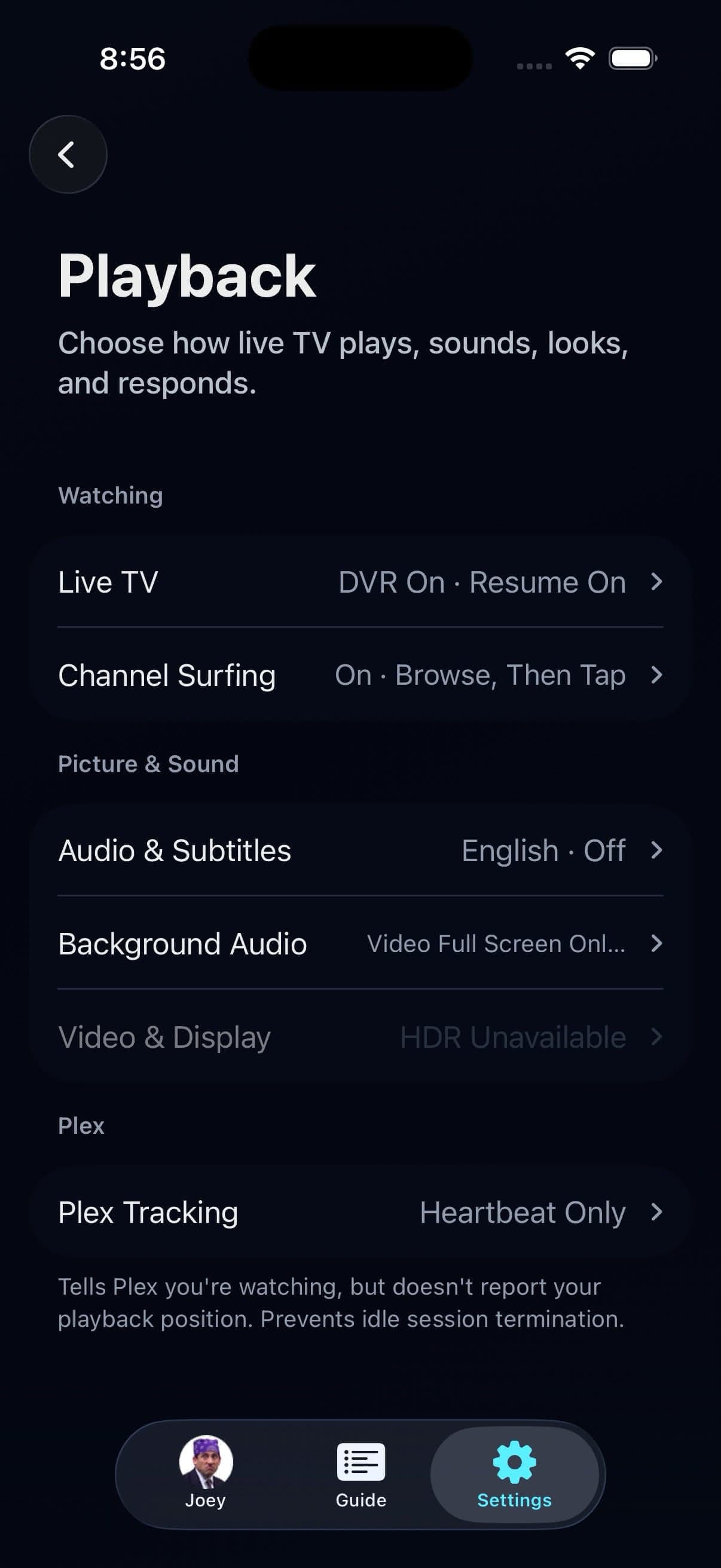 Live TV, Channel Surfing, audio, background audio, display, and Plex tracking settings on iPhone