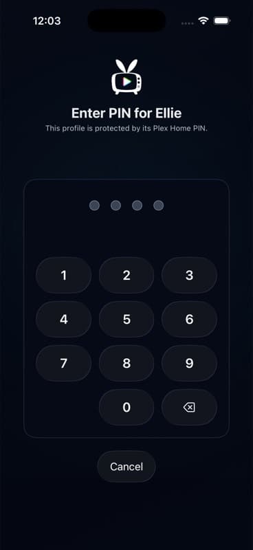 Four-digit PIN entry for a protected Plex Home profile on iPhone