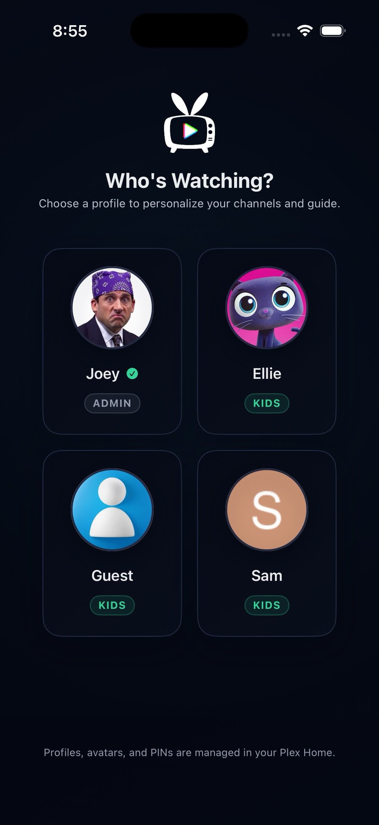 Plex Home profiles with admin and kids labels on iPhone