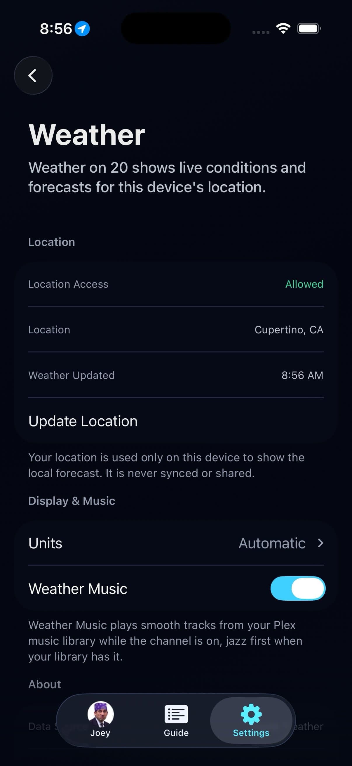 Weather on 20 location and soundtrack settings on iPhone
