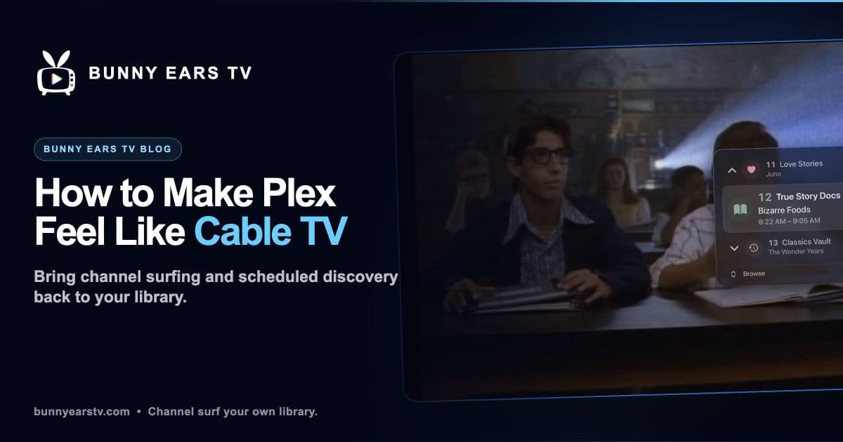 Plex library displayed as scheduled channels in a television program guide