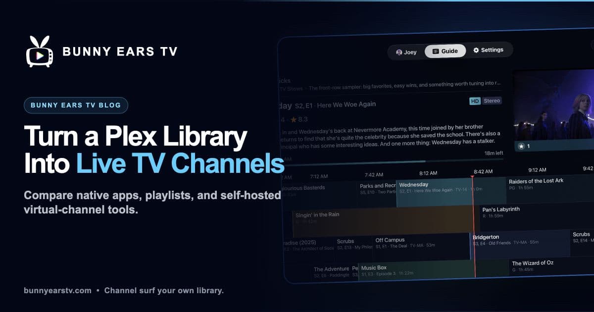 Personal Plex library organized into scheduled channels and a program guide