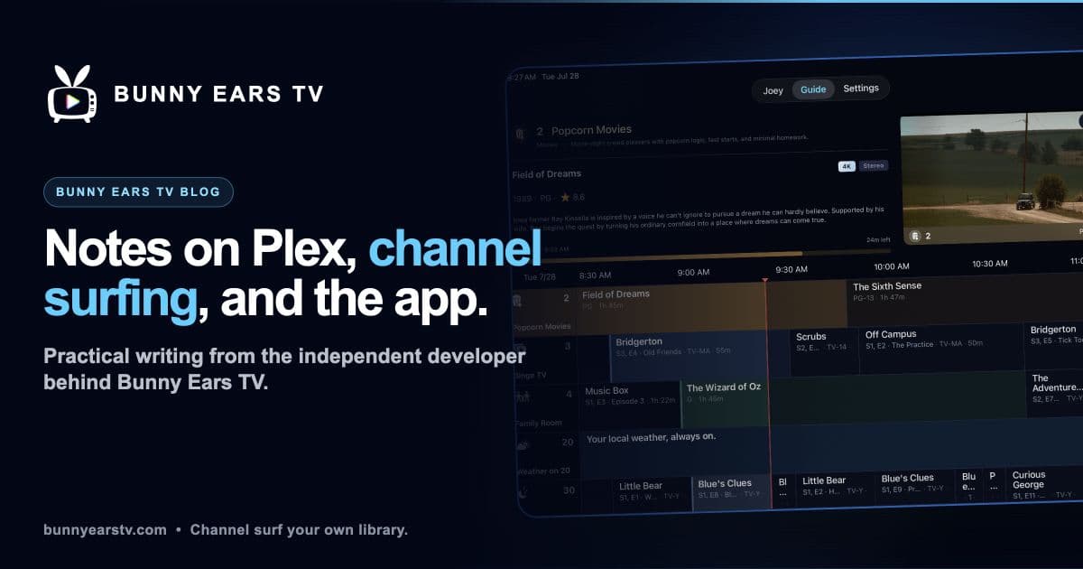 Bunny Ears TV guide showing Plex channels built from a personal media library