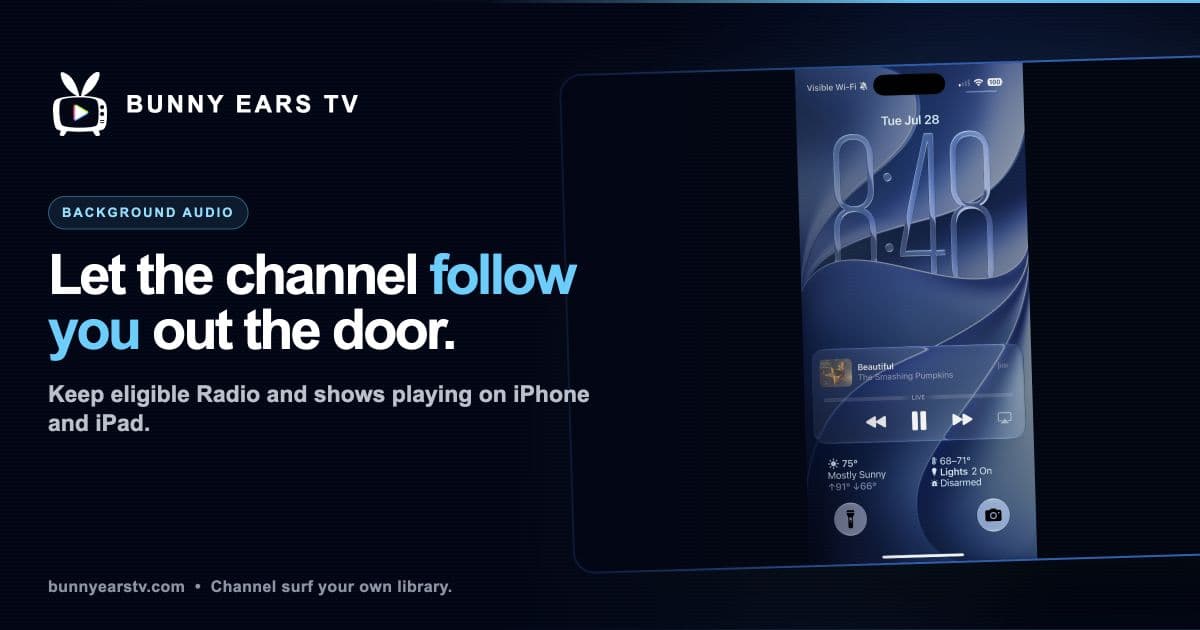 Plex radio from a personal music library playing through Bunny Ears TV on Apple devices