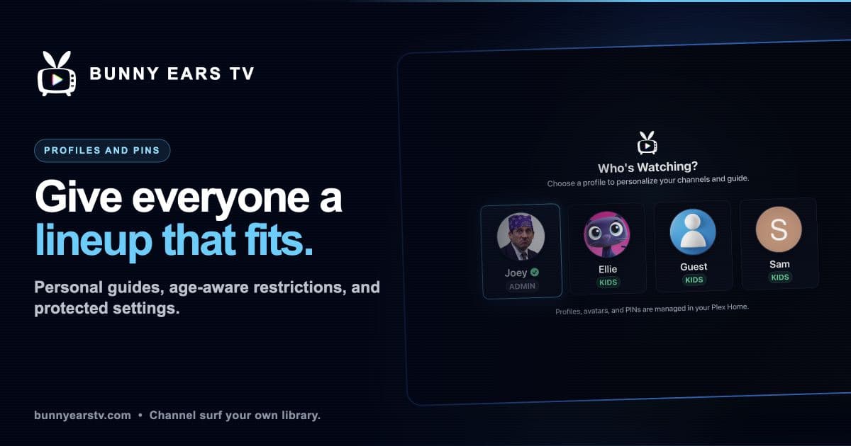 A family choosing Plex Home profiles in Bunny Ears TV on Apple TV